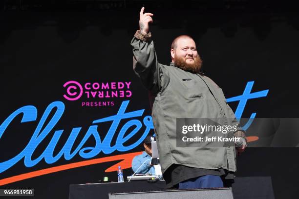 Action Bronson performs on the Colossal Stage during Clusterfest at Civic Center Plaza and The Bill Graham Civic Auditorium on June 3, 2018 in San...