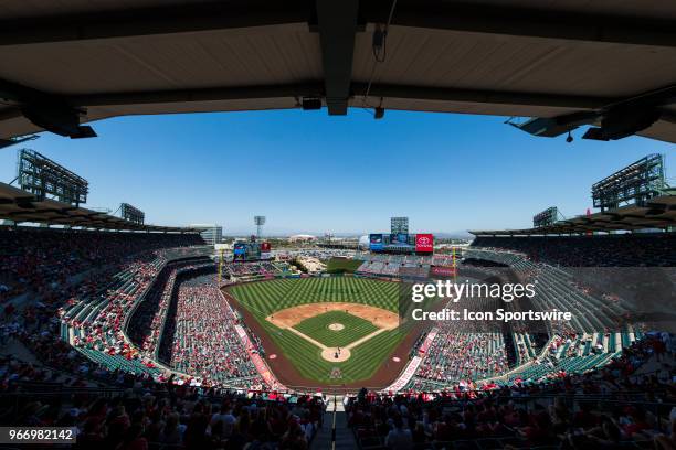 General view of the interior Angel Stadium from an elevated position behind home plate during the MLB regular season game against the Texas Rangers...