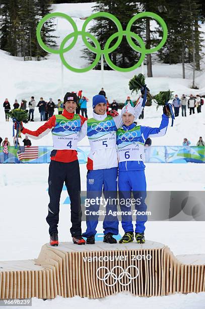 Jason Lamy Chappuis of France takes Gold medal, Johnny Spillane of USA takes Silver medal , Alessandro Pittin of Italy takes Bronze medalduring the...