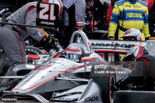 Will Power, of Australia, makes a pit stop in thre Chevrolet IndyCar during the Chevrolet Detroit Grand Prix presented by Lear IndyCar race on June...