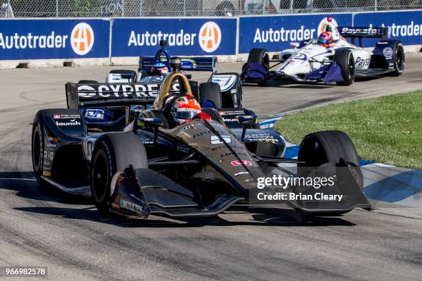 James Hinchcliffe, of Canada, drives the Honda IndyCar on the track during the Chevrolet Detroit Grand Prix presented by Lear IndyCar race on June 3,...