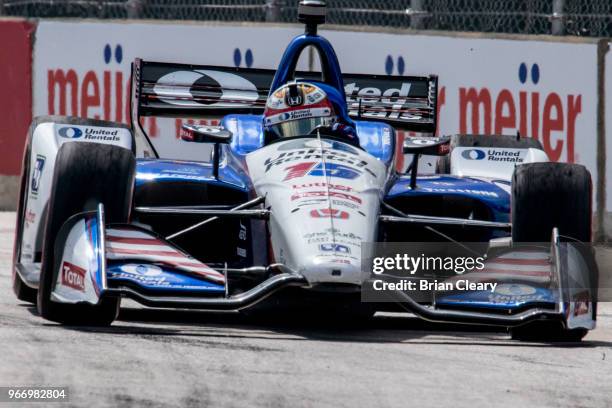 Graham Rahal drives the Honda IndyCar on the track during the Chevrolet Detroit Grand Prix presented by Lear IndyCar race on June 3, 2018 in Detroit,...