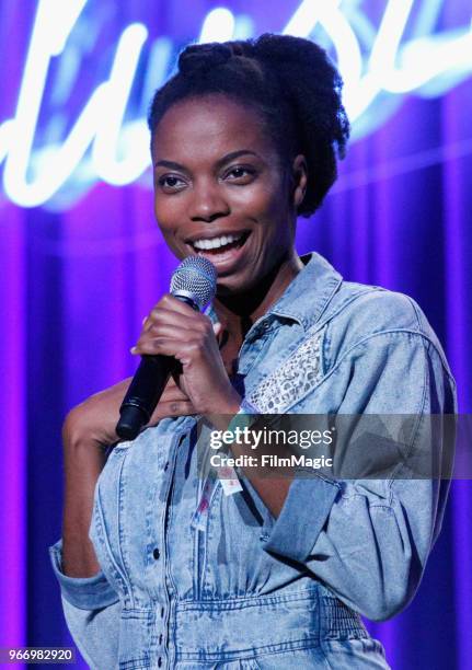 Sasheer Zamata performs onstage during "Party Time!" in the Larkin Comedy Club during Clusterfest at Civic Center Plaza and The Bill Graham Civic...