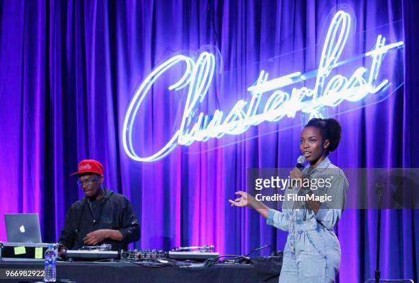 Sasheer Zamata performs onstage during "Party Time!" in the Larkin Comedy Club during Clusterfest at Civic Center Plaza and The Bill Graham Civic...