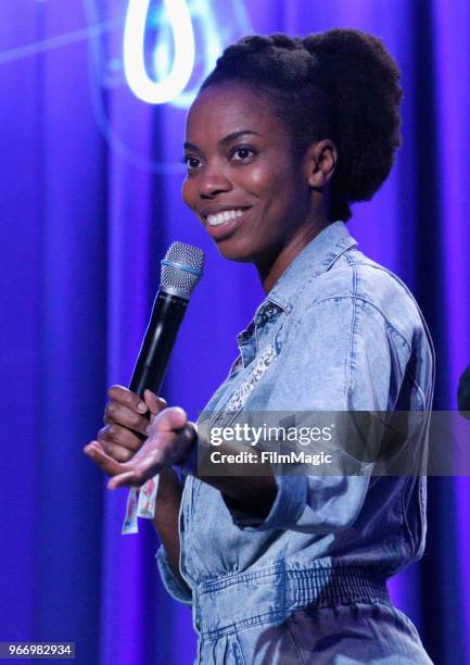 Sasheer Zamata performs onstage during "Party Time!" in the Larkin Comedy Club during Clusterfest at Civic Center Plaza and The Bill Graham Civic...