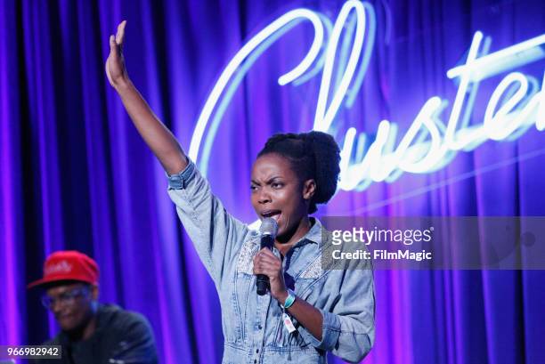 Sasheer Zamata performs onstage during "Party Time!" in the Larkin Comedy Club during Clusterfest at Civic Center Plaza and The Bill Graham Civic...