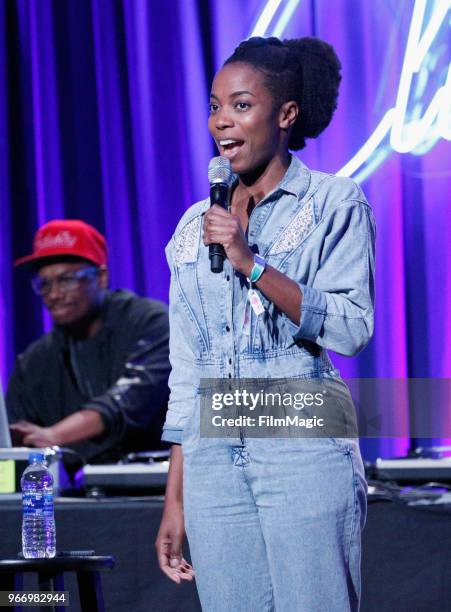 Sasheer Zamata performs onstage during "Party Time!" in the Larkin Comedy Club during Clusterfest at Civic Center Plaza and The Bill Graham Civic...