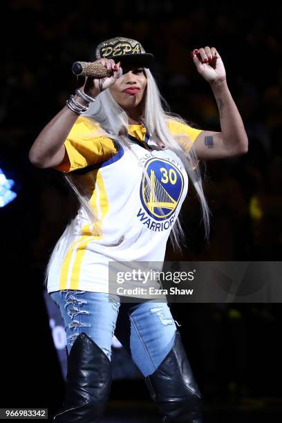 Recording artist Sandra 'Pepa' Denton of the hip hop group Salt-N-Pepa perform at halftime in Game 2 of the 2018 NBA Finals between the Golden State...