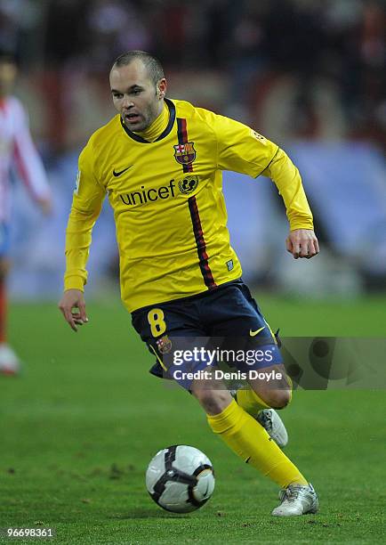 Andres Iniesta of Barcelona during the La Liga match between Atletico Madrid and Barcelona at Vicente Calderon Stadium on February 14, 2010 in...