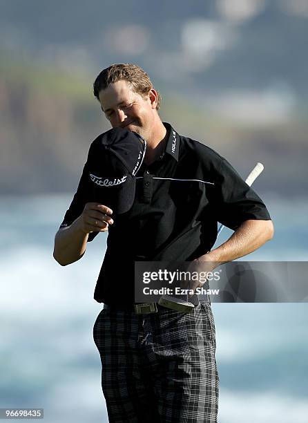 Bryce Molder reacts after finishing the final round of the AT&T Pebble Beach National Pro-Am at Pebble Beach Golf Links on February 14, 2010 in...