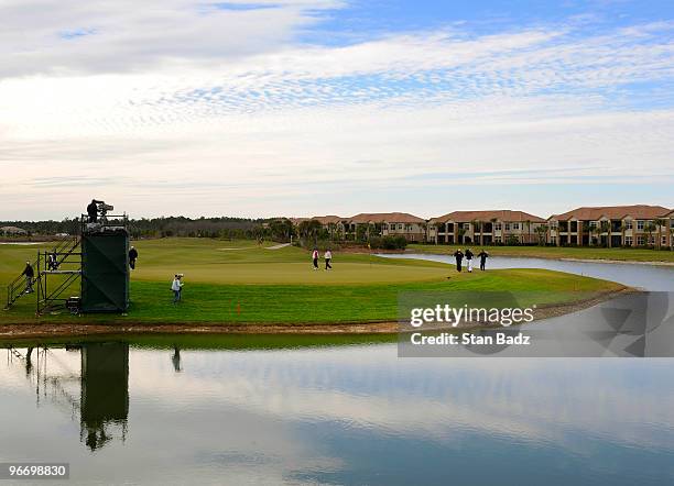 Players exits the 17th green during the final round of The ACE Group Classic at The Quarry on February 14, 2010 in Naples, Florida.