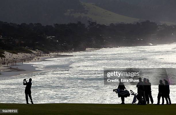 Paul Goydos hits his second shot on the ninth hole during the final round of the AT&T Pebble Beach National Pro-Am at Pebble Beach Golf Links on...