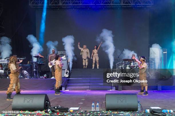 Singers Tionne 'T-Boz' Watkins and Rozonda 'Chilli' Thomas of TLC performs on stage at Mighty Hoopla festival at Brockwell Park on June 3, 2018 in...