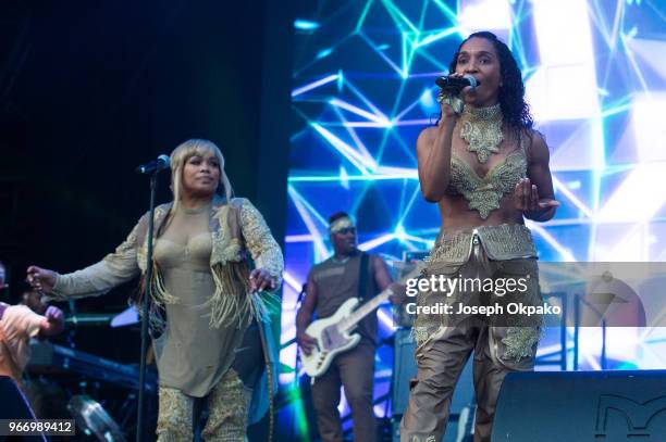 Singers Tionne 'T-Boz' Watkins and Rozonda 'Chilli' Thomas of TLC performs on stage at Mighty Hoopla festival at Brockwell Park on June 3, 2018 in...