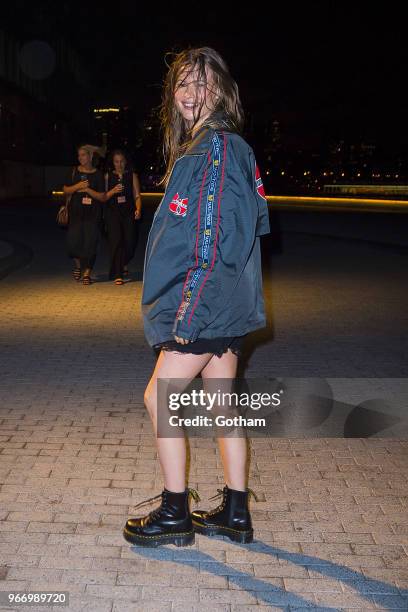 Behati Prinsloo departs the Aleander Wang resort fashion show at Pier 17 on June 3, 2018 in New York City.