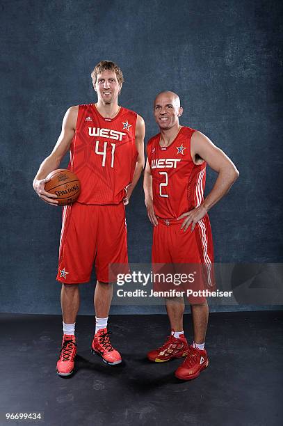 Dirk Nowitzki and Jason Kidd of the Western Conference pose for a portrait prior to the NBA All-Star game as part of the 2010 NBA All-Star Weekend on...