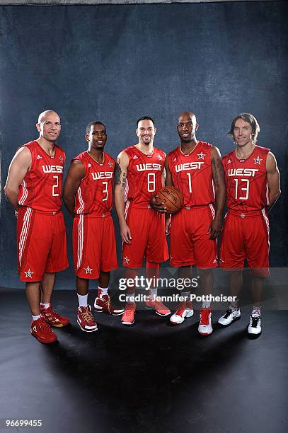 Jason Kidd, Chris Paul, Deron Williams, Chauncey Billups and Steve Nash of the Western Conference pose for a portrait prior to the NBA All-Star game...