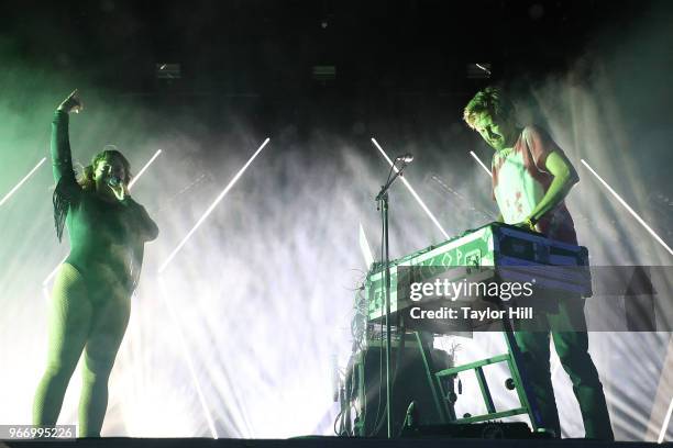 Amelia Meath and Nick Sanborn of Sylvan Esso perform onstage during Day 3 of the 2018 Governors Ball Music Festival at Randall's Island on June 3,...