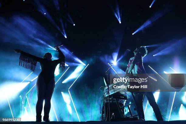 Amelia Meath and Nick Sanborn of Sylvan Esso perform onstage during Day 3 of the 2018 Governors Ball Music Festival at Randall's Island on June 3,...