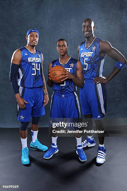 Paul Pierce, Rajon Rondo, and Kevin Garnett of the Eastern Conference pose for a portrait prior to the NBA All-Star game as part of the 2010 NBA...
