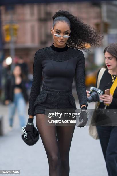 Jourdan Dunn arrives at the Alexander Wang resort fashion show at Pier 17 on June 3, 2018 in New York City.