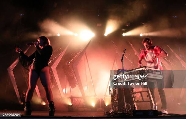 Amelia Meath and Nick Sanborn of Sylvan Esso perform onstage during Day 3 of the 2018 Governors Ball Music Festival at Randall's Island on June 3,...