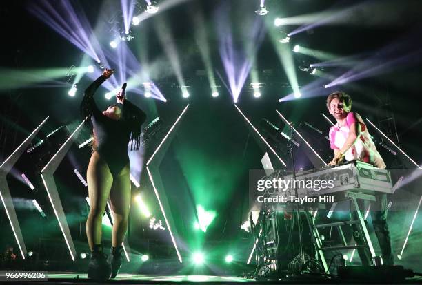 Amelia Meath and Nick Sanborn of Sylvan Esso perform onstage during Day 3 of the 2018 Governors Ball Music Festival at Randall's Island on June 3,...