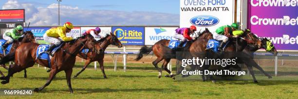 Critical Reaction ridden by Andrew Mallyon wins the North East Tempfence 2YO Fillies Maiden Plate on June 04, 2018 in Wangaratta, Australia.