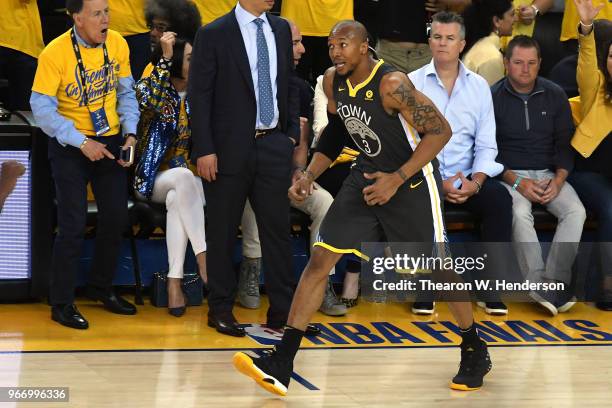David West of the Golden State Warriors reacts against the Cleveland Cavaliers during the fourth quarter in Game 2 of the 2018 NBA Finals at ORACLE...
