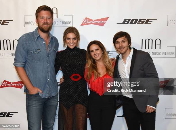 Charles Kelley of Lady Antebellum, artists Kelsea Ballerini, Lucie Silvas, and Charlie Worsham backstage at the Innovation In Music Awards on June 3,...