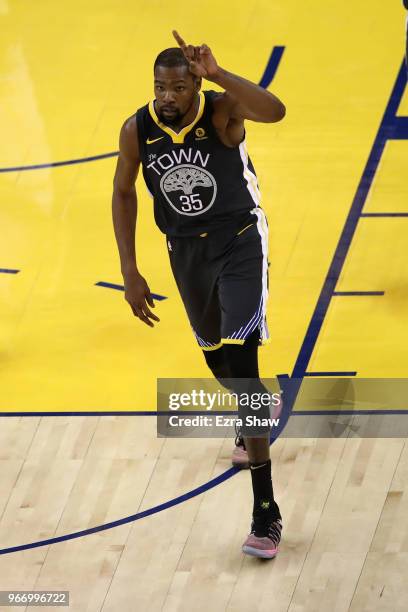 Kevin Durant of the Golden State Warriors reacts during the fourth quarter against the Cleveland Cavaliers in Game 2 of the 2018 NBA Finals at ORACLE...