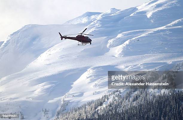 Helicopter flies over the Olympic Sliding center on day 3 of the 2010 Winter Olympics at Whistler Sliding Centre on February 14, 2010 in Whistler,...