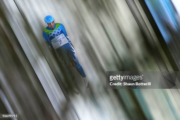 Daniel Pfister of Austria competes in the final run of the men's luge singles final on day 3 of the 2010 Winter Olympics at Whistler Sliding Centre...