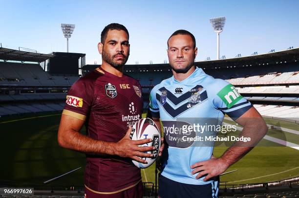 Queensland Maroons Captain Greg Inglis and New South Wales Blues Captain Boyd Cordner pose during a State of Origin media opportunity at Melbourne...