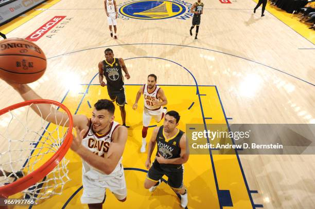 Ante Zizic of the Cleveland Cavaliers shoots the ball against the Golden State Warriors in Game Two of the 2018 NBA Finals on June 3, 2018 at ORACLE...