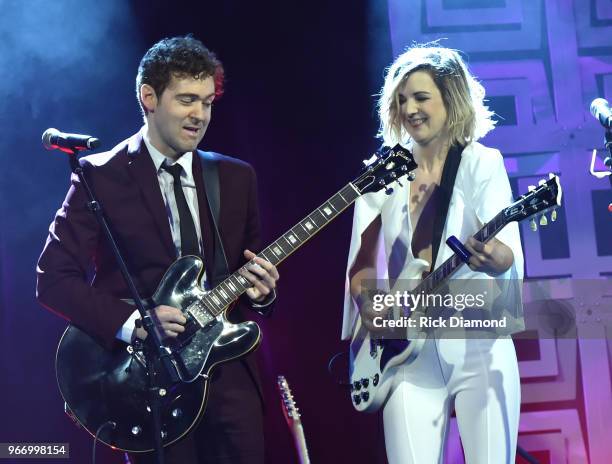 Justin Davis and Sarah Zimmermann of Striking Matches perform onstage at the Innovation In Music Awards on June 3, 2018 in Nashville, Tennessee.