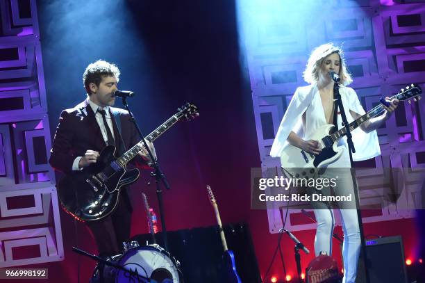 Justin Davis and Sarah Zimmermann of Striking Matches perform onstage at the Innovation In Music Awards on June 3, 2018 in Nashville, Tennessee.