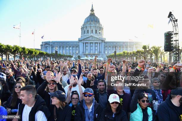 Festivalgoers attend Clusterfest at Civic Center Plaza and The Bill Graham Civic Auditorium on June 3, 2018 in San Francisco, California.
