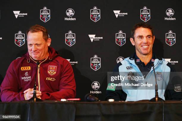 Queensland Maroons coach Kevin Walters and with New South Wales Blues coach Brad Fittler speak to media during a State of Origin media opportunity at...