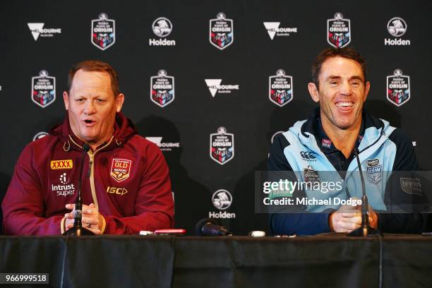 Queensland Maroons coach Kevin Walters and with New South Wales Blues coach Brad Fittler speak to media during a State of Origin media opportunity at...