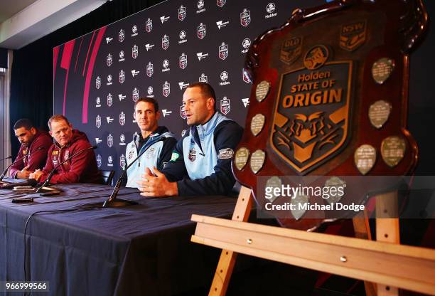 Queensland Maroons coach Kevin Walters and Captain Greg Inglis speaks to media with New South Wales Blues coach Brad Fittler and Captain Boyd Cordner...
