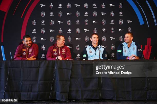 Queensland Maroons coach Kevin Walters and Captain Greg Inglis speaks to media with New South Wales Blues coach Brad Fittler and Captain Boyd Cordner...