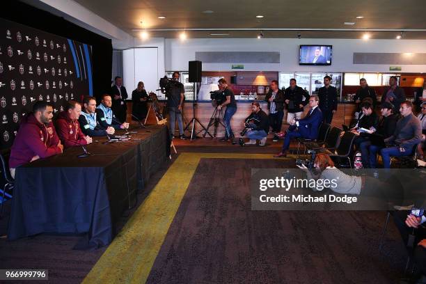 Queensland Maroons coach Kevin Walters and Captain Greg Inglis speak to media with New South Wales Blues coach Brad Fittler and Captain Boyd Cordner...