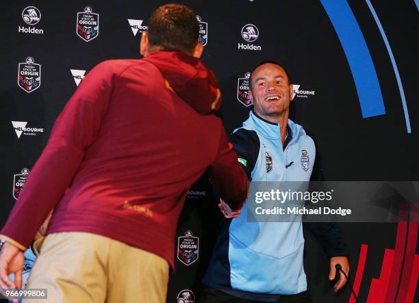 Queensland Maroons Captain Greg Inglis and New South Wales Blues Captain Boyd Cordner shake hands during a State of Origin media opportunity at...