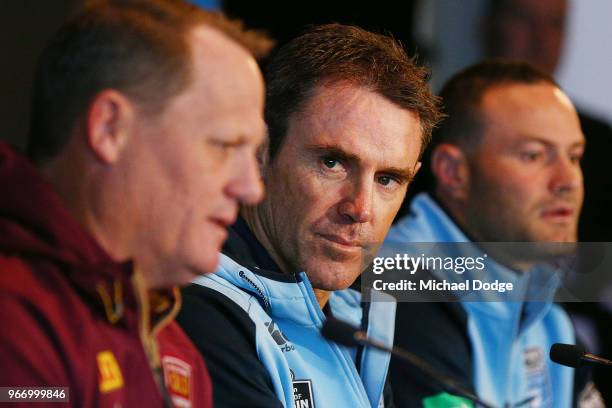 Queensland Maroons coach Kevin Walters and with New South Wales Blues coach Brad Fittler speak to media during a State of Origin media opportunity at...