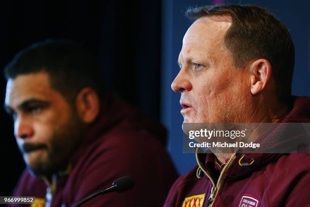 Queensland Maroons coach Kevin Walters speaks to media during a State of Origin media opportunity at Melbourne Cricket Ground on June 4, 2018 in...