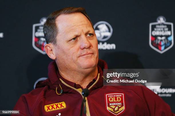 Queensland Maroons coach Kevin Walters speaks to media during a State of Origin media opportunity at Melbourne Cricket Ground on June 4, 2018 in...