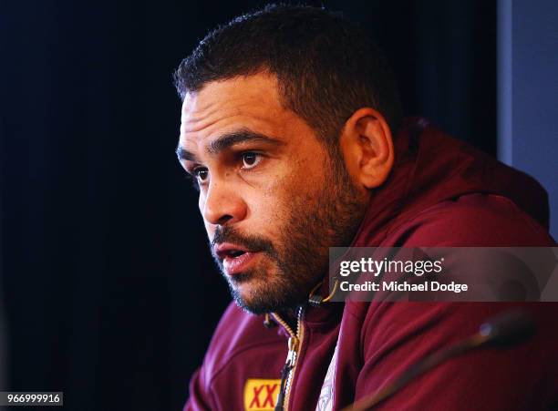 Queensland Maroons Captain Greg Inglis speaks to media during a State of Origin media opportunity at Melbourne Cricket Ground on June 4, 2018 in...