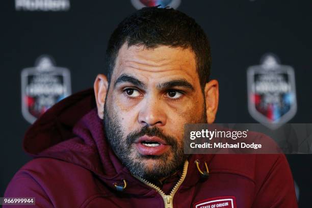 Queensland Maroons Captain Greg Inglis speaks to media during a State of Origin media opportunity at Melbourne Cricket Ground on June 4, 2018 in...