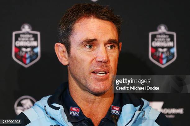 New South Wales Blues coach Brad Fittler speaks to media during a State of Origin media opportunity at Melbourne Cricket Ground on June 4, 2018 in...